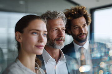 Diverse business team focused on future growth and innovation with digital data visualization in modern office