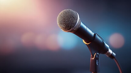 Obraz premium Microphone on Stage Ready for Performance, Speech or Singing with Bokeh Background and Spot Lighting