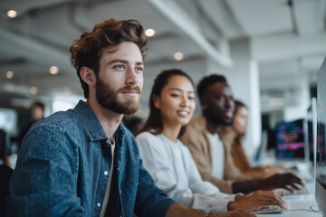 Young diverse team of programmers collaborating and working on coding projects in modern office space