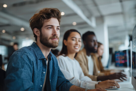 Diverse young professionals collaborating and coding together in a modern office workspace