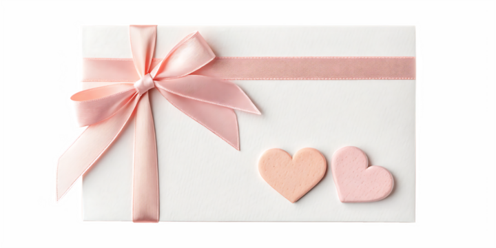 A white gift box adorned with a pink ribbon and two heart shaped decorations sits on a transparent background, symbolizing love and celebration isolated on transparent background