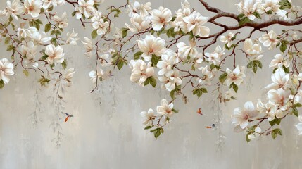 Magnolia blossoms cascade from brown branches on a neutral, textured wall