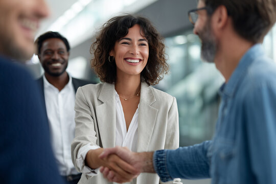 Smiling businesswoman shaking hands in a professional office setting with diverse coworkers in the background