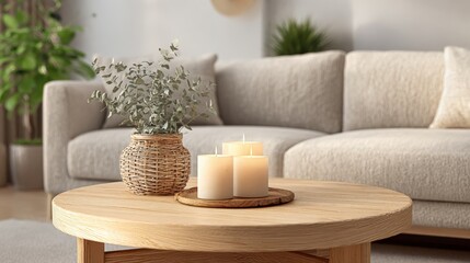 Cozy Home Interior with Beige Sofa, Candles, and Wooden Table, Evoking Calm and Relaxation