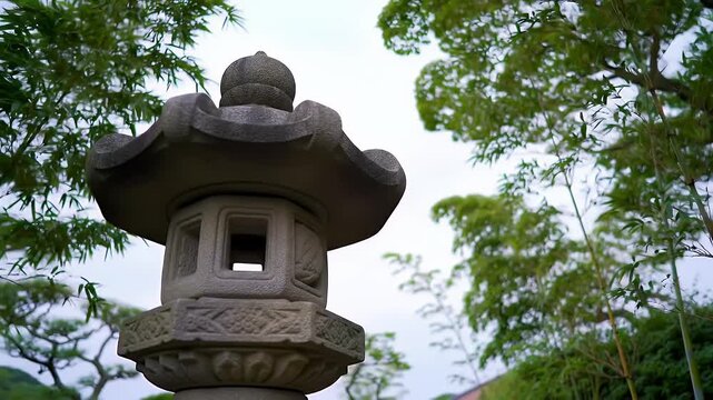 Grey stone lantern in a garden setting