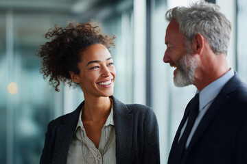 Smiling diverse business colleagues sharing a friendly moment in a modern office environment