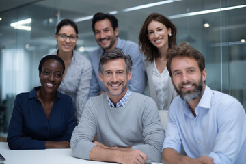 Obraz premium Diverse group of smiling professionals collaborating in a modern office meeting, showcasing teamwork and positive business environment