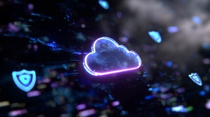 Neon cloud symbol in digital cyberspace with shimmering security icons.