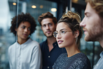 Obraz premium Diverse young professionals engaged in a thoughtful discussion in a modern office environment