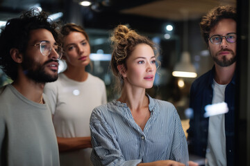 Focused young diverse team collaborating late at night in modern office brainstorming innovative ideas