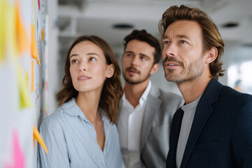 Focused diverse business team analyzing ideas and planning strategy on sticky notes in modern office