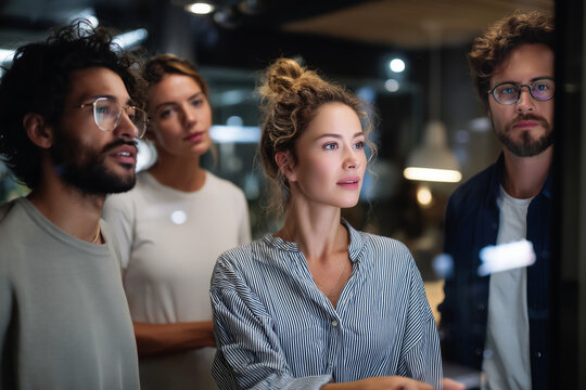 Focused young diverse team collaborating late at night in modern office brainstorming innovative ideas