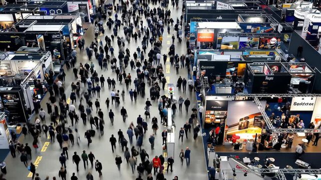 Time-lapse shows crowds of people at a convention center with booths, highlighting business, networking, and the scale of the event.