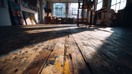 Sunlit Artist Studio Floor, NYC, Paint Splatter, Creative Space