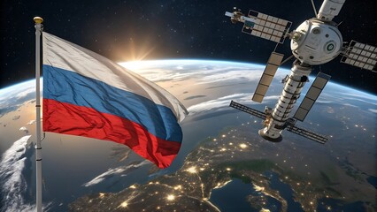 Russian flag with satellite orbiting earth in space with the sun rising