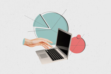 Image trendy art banner collage of human hand type laptop keypad diagram programming statistics...