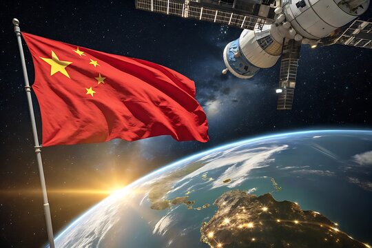 A chinese flag waving in space with earth and a space station visible