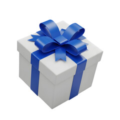 Fototapeta premium 3d icon of white gift box with a blue ribbon and bow isolated on transparent background