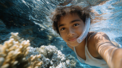 A child exploring a vibrant coral reef with snorkeling gear