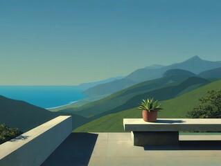Serene Coastal Mountain View with Potted Plant