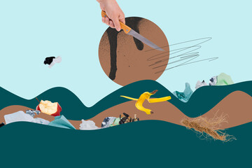 Modern earth day collage showing hills of trash highlighting pollution recycling plastic usage...