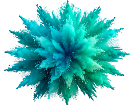 Vibrant Aquamarine Powder Dust Explosion with Turquoise Hues, Isolated on Transparent Background