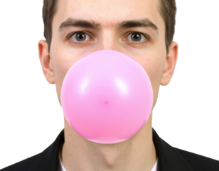 A young man blows a large pink bubble with bubblegum, showcasing a playful expression against a solid black background.