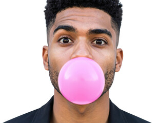 A young man blowing a large pink bubblegum bubble, displaying a playful expression with wide eyes.