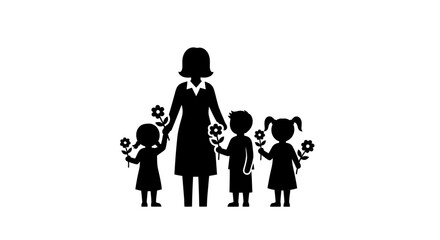 Teacher and Children with Flowers: Appreciation and Education Icon