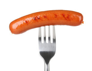 A shiny sausage resting on a fork, showcasing its smooth surface and grill marks.