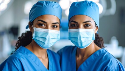 Two smiling female surgeons in scrubs and masks