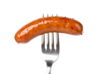 A glossy sausage is perched on a fork, showcasing its shiny surface and distinct shape.