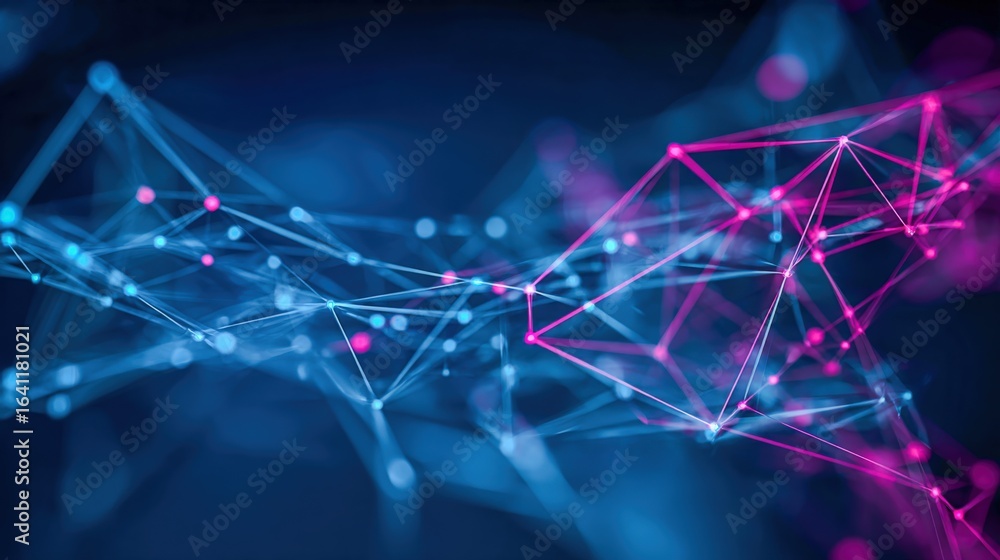 Poster abstract plexus background with blue and magenta points connected by lines for futuristic technology