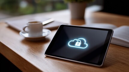 Secure cloud storage displayed on tablet at cozy cafe table with coffee cup and books.