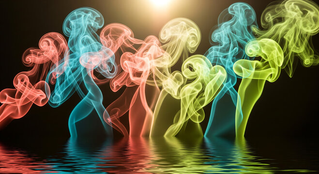 Colorful smoke plumes in red, blue, yellow, and green dancing and swirling over a reflective dark surface