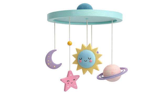 Baby crib mobile with celestial theme featuring sun moon star planet and UFO baby mobile