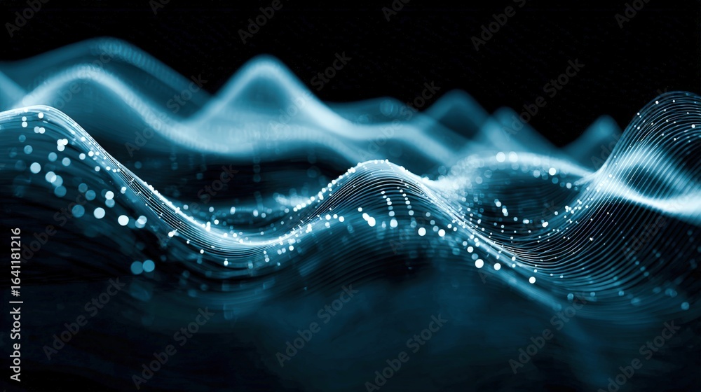 Poster abstract blue wavy particle surface: modern technology, data visualization, futuristic background de