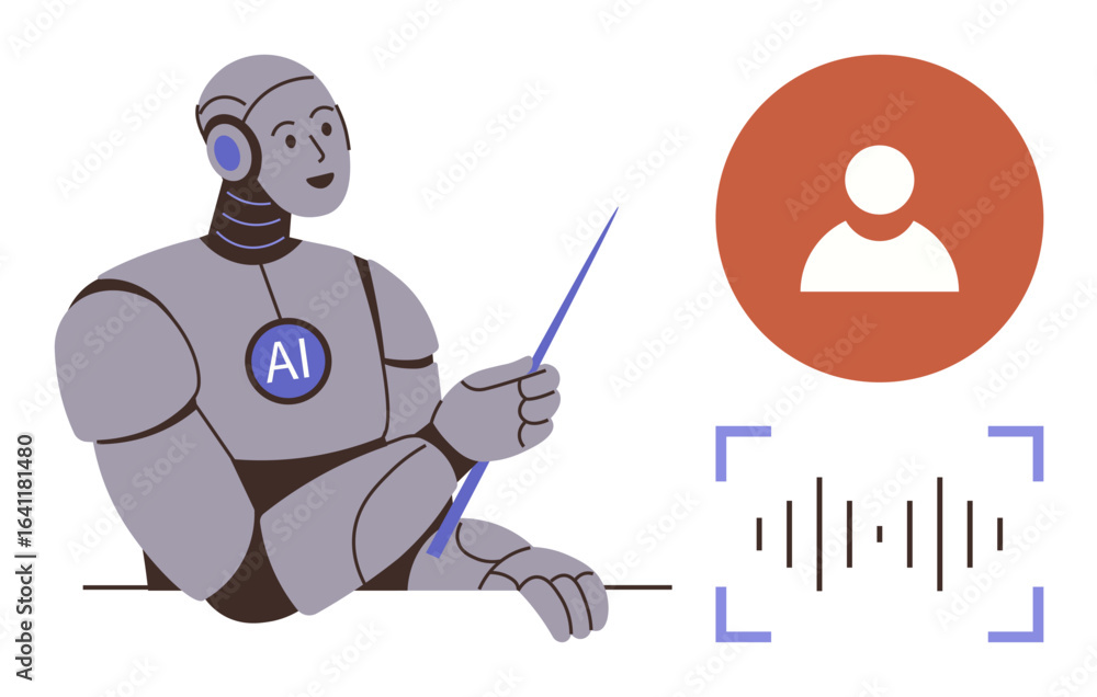 Poster ai robot holding a pointer, speech wave graphic, user profile icon. ideal for ai, speech technology,