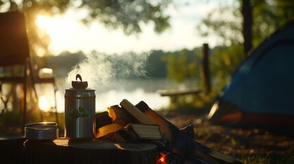 rustic camping cooking area, firewood pile, smoke rising, nature-focused
