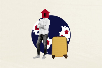 Sketch image art pop trend collage of anonym man stand earth instead head house relocation globe travel suitcase refugee