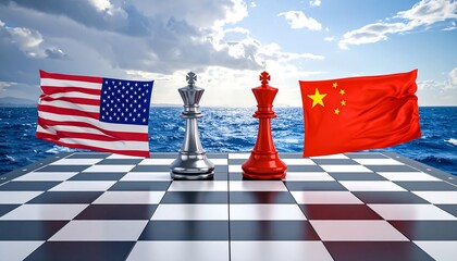 Two chess kings face off on a board, representing a global power struggle, with flags on either side, set against a backdrop of ocean and sky