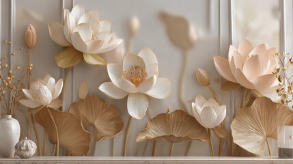 Decorative floral arrangement with cream and gold lotus flowers against a textured wall