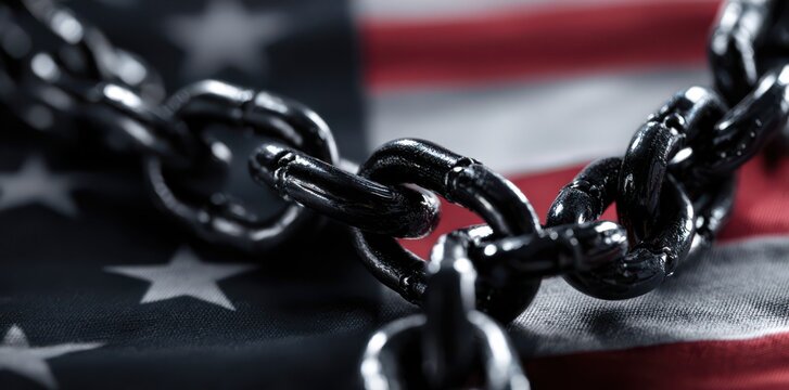 Black chains breaking against the background of an American flag