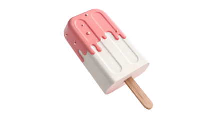 Pink and White Ice Cream Bar with Wooden Stick and Sprinkles on transparent Background popsicle