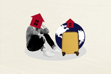 Banner image art poster trend collage of anonym man sit earth instead head house relocation globe...