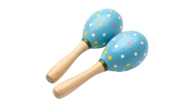 Pair of Blue Polka Dot Maracas with Wooden Handles on transparent Background musical instrument