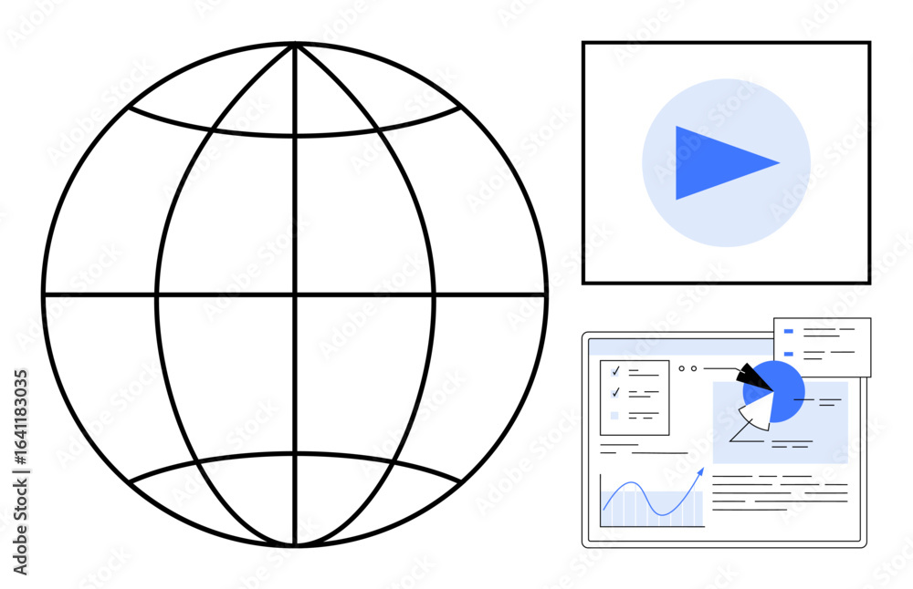 Poster globe representing global reach, play button for media access, and dashboard with charts for data in