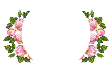 Watercolor circular frame made of pink peony roses and green leaves, ideal for wedding invitations, greeting cards, or elegant floral branding with space for text in the center.