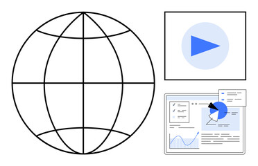 Globe representing global reach, play button for media access, and dashboard with charts for data insights. Ideal for technology, digital marketing, analytics, team collaboration, global networking