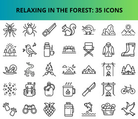 Fototapeta premium Relaxing in the forest icons set featuring nature and activities 